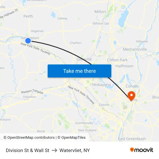Division St & Wall St to Watervliet, NY map