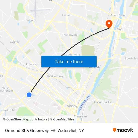 Ormond St & Greenway to Watervliet, NY map