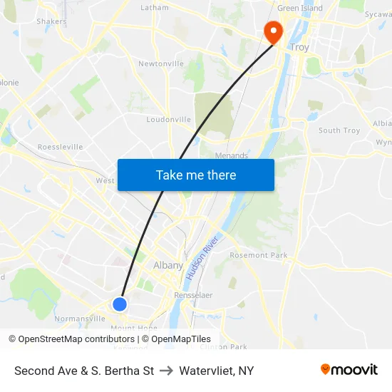 Second Ave & S. Bertha St to Watervliet, NY map