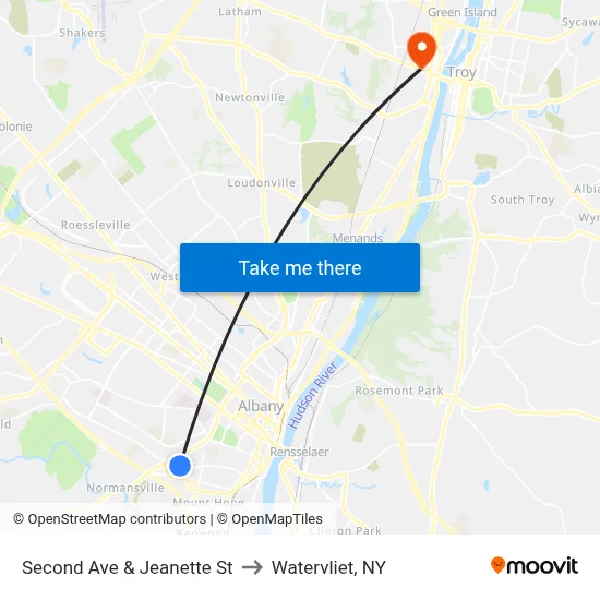 Second Ave & Jeanette St to Watervliet, NY map