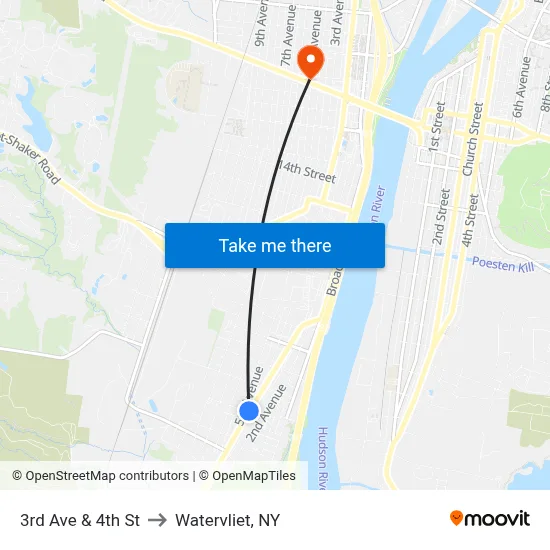 3rd Ave & 4th St to Watervliet, NY map