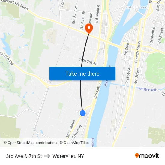 3rd Ave & 7th St to Watervliet, NY map