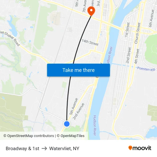 Broadway & 1st to Watervliet, NY map