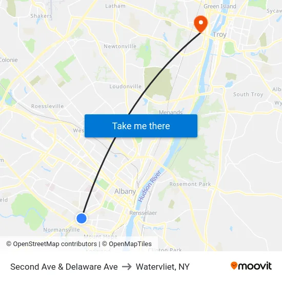 Second Ave & Delaware Ave to Watervliet, NY map
