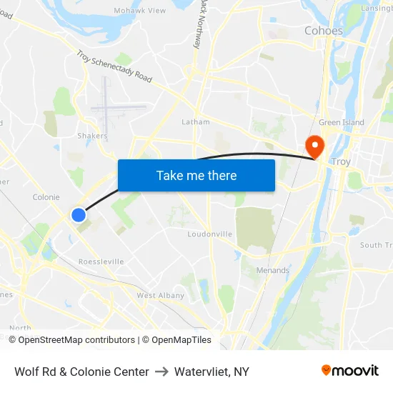 Wolf Rd & Colonie Center to Watervliet, NY map