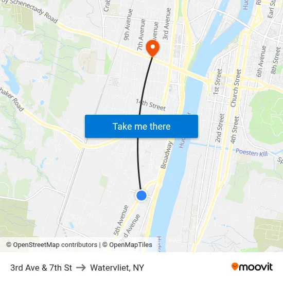 3rd Ave & 7th St to Watervliet, NY map