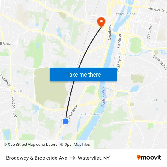 Broadway & Brookside Ave to Watervliet, NY map