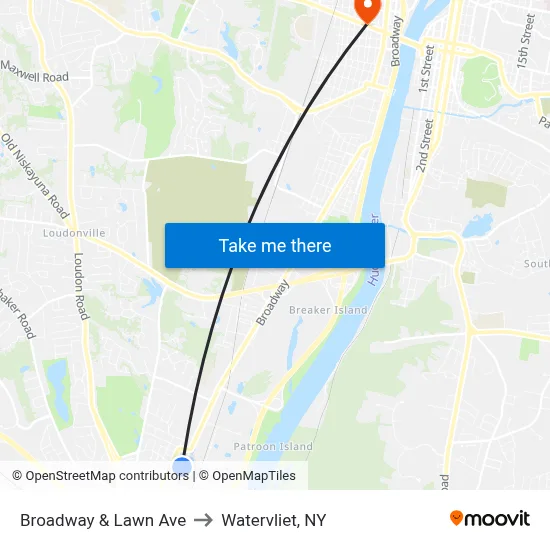 Broadway & Lawn Ave to Watervliet, NY map