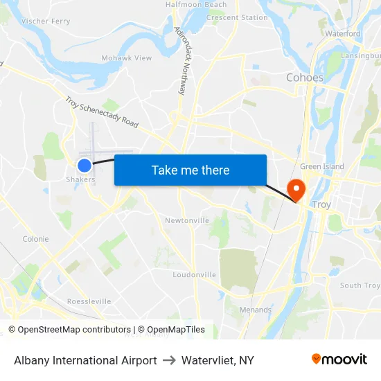 Albany International Airport to Watervliet, NY map