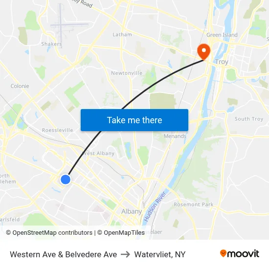 Western Ave & Belvedere  Ave to Watervliet, NY map
