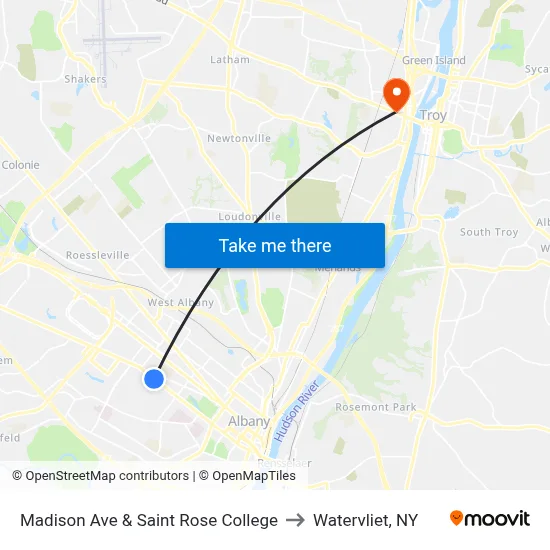 Madison Ave & Saint Rose College to Watervliet, NY map