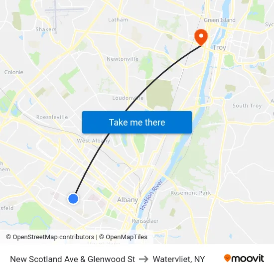 New Scotland Ave & Glenwood St to Watervliet, NY map