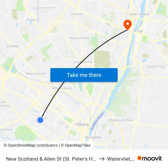 New Scotland & Allen St (St. Peter's Hospital) to Watervliet, NY map