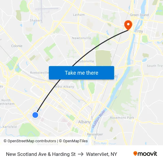 New Scotland Ave & Harding St to Watervliet, NY map