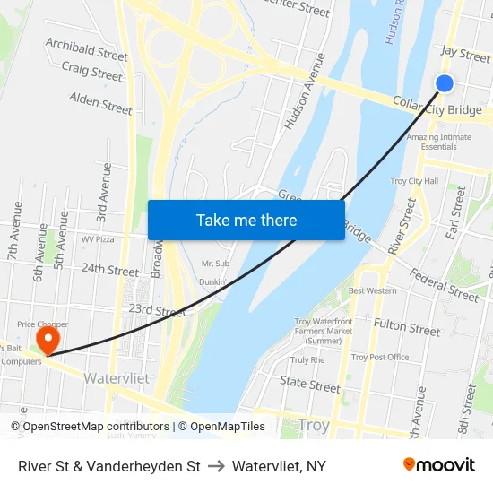 River St & Vanderheyden St to Watervliet, NY map