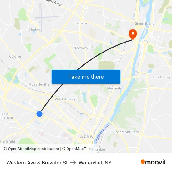 Western Ave & Brevator St to Watervliet, NY map