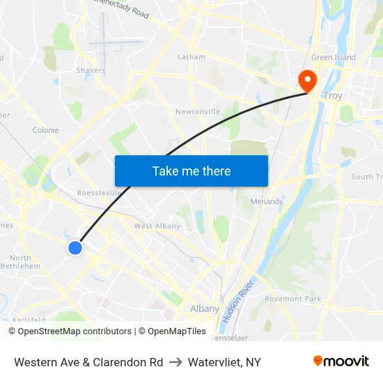 Western Ave & Clarendon Rd to Watervliet, NY map