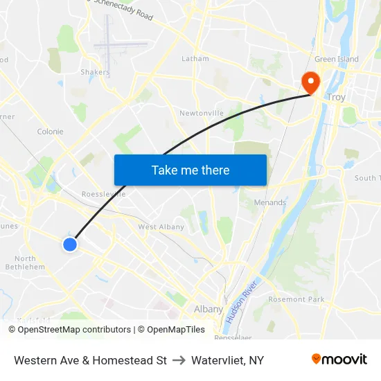 Western Ave & Homestead St to Watervliet, NY map