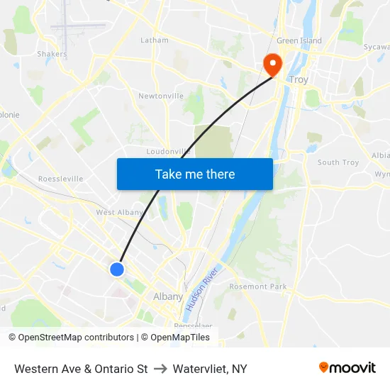 Western Ave & Ontario St to Watervliet, NY map