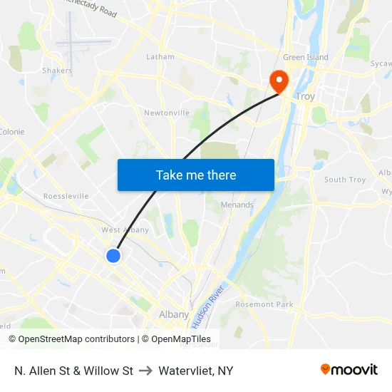 N. Allen St & Willow St to Watervliet, NY map