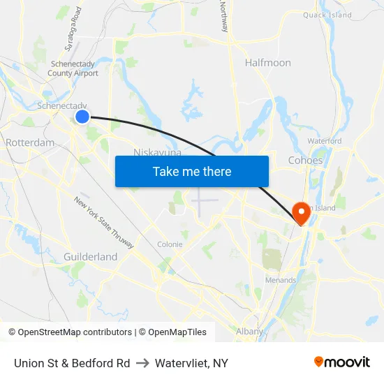 Union St & Bedford Rd to Watervliet, NY map