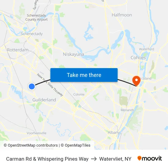 Carman Rd & Whispering Pines Way to Watervliet, NY map