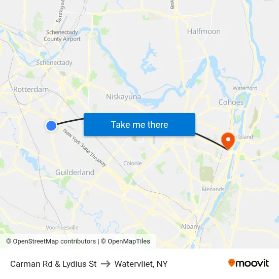 Carman Rd & Lydius St to Watervliet, NY map