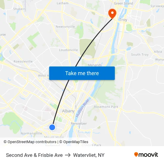 Second Ave & Frisbie Ave to Watervliet, NY map