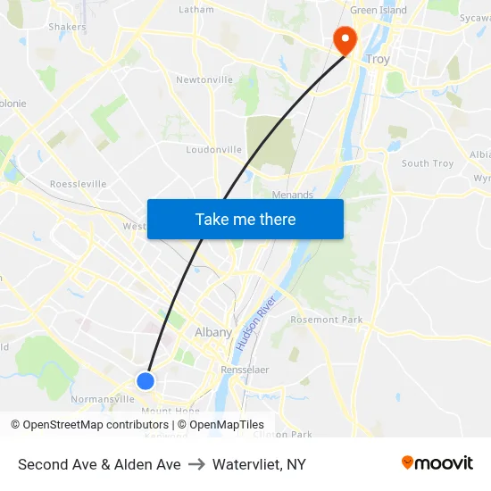 Second Ave & Alden Ave to Watervliet, NY map