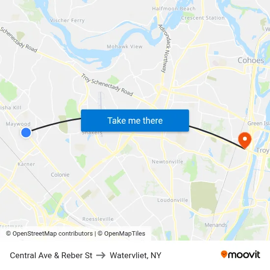 Central Ave & Reber St to Watervliet, NY map