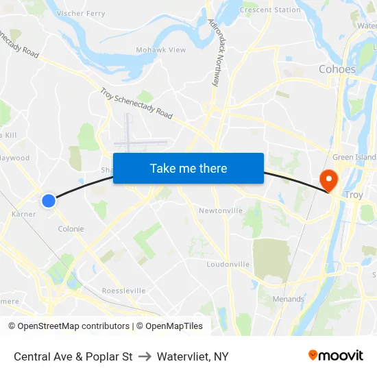 Central Ave & Poplar St to Watervliet, NY map