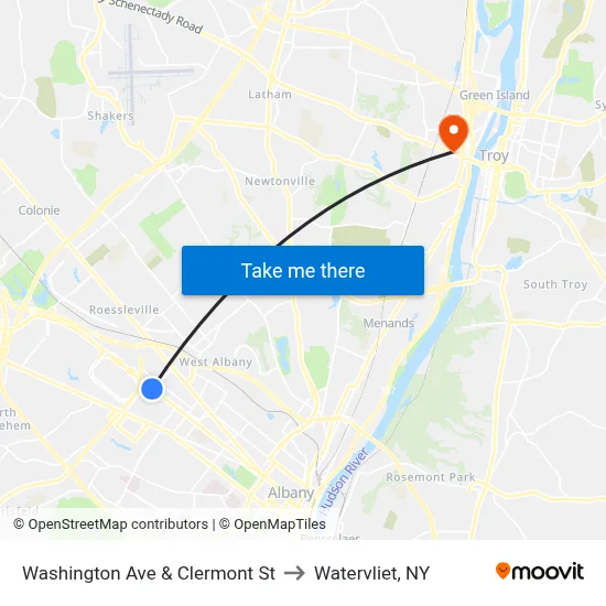 Washington Ave & Clermont St to Watervliet, NY map