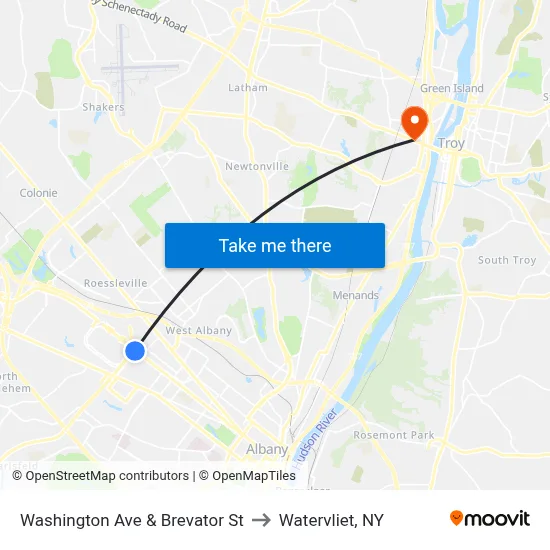 Washington Ave & Brevator St to Watervliet, NY map