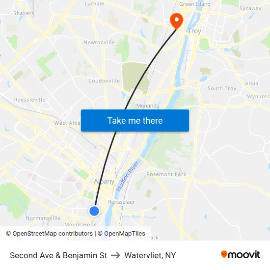 Second Ave & Benjamin St to Watervliet, NY map