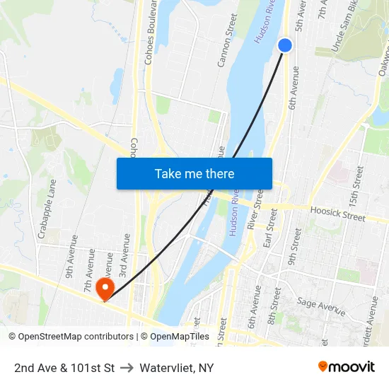 2nd Ave & 101st St to Watervliet, NY map