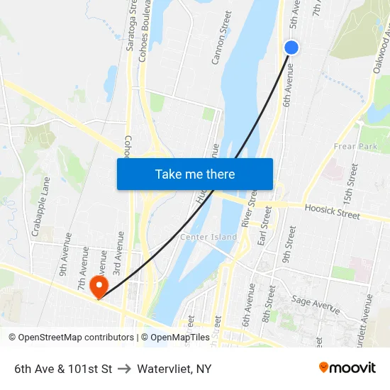 6th Ave & 101st St to Watervliet, NY map