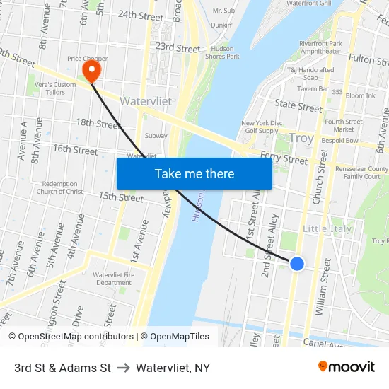 3rd St & Adams St to Watervliet, NY map