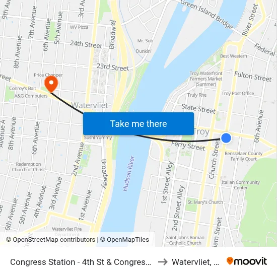 Congress Station - 4th St & Congress St to Watervliet, NY map