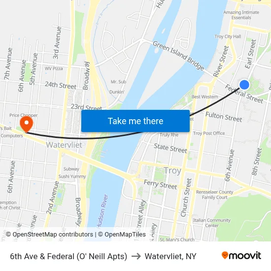 6th Ave &  Federal (O' Neill Apts) to Watervliet, NY map