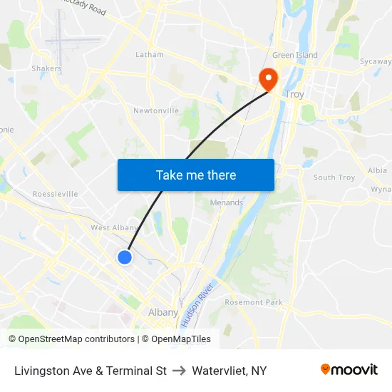 Livingston Ave & Terminal St to Watervliet, NY map