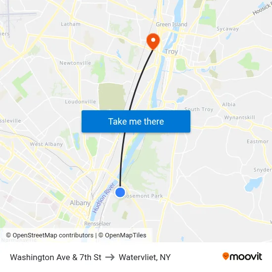 Washington Ave & 7th St to Watervliet, NY map