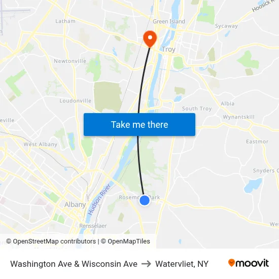 Washington Ave & Wisconsin Ave to Watervliet, NY map