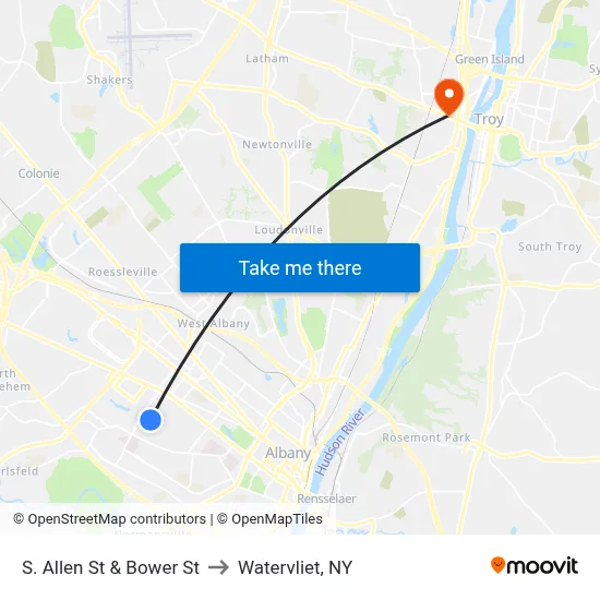 S. Allen St & Bower St to Watervliet, NY map