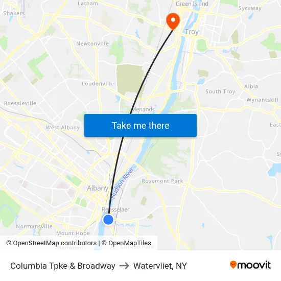 Columbia Tpke & Broadway to Watervliet, NY map