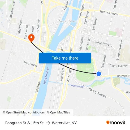Congress St & 15th St to Watervliet, NY map