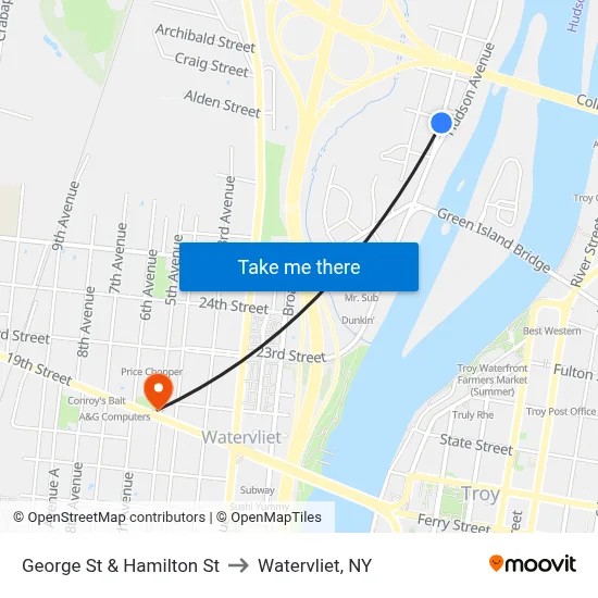George St & Hamilton St to Watervliet, NY map