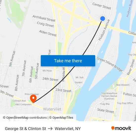 George St & Clinton St to Watervliet, NY map