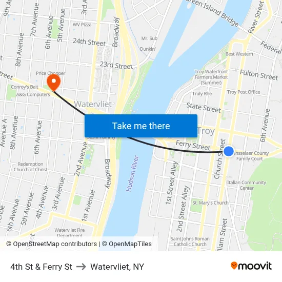 4th St & Ferry St to Watervliet, NY map