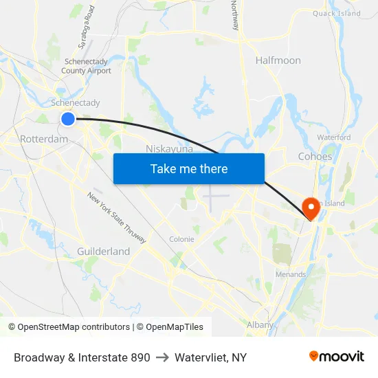 Broadway & Interstate 890 to Watervliet, NY map