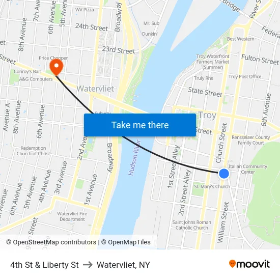 4th St & Liberty St to Watervliet, NY map
